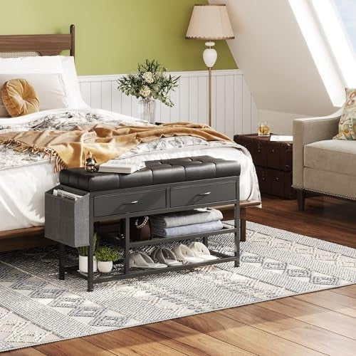 Black Metal Shoe Storage Bench, Cushion Seat & Fabric Drawers Entryway Organizer