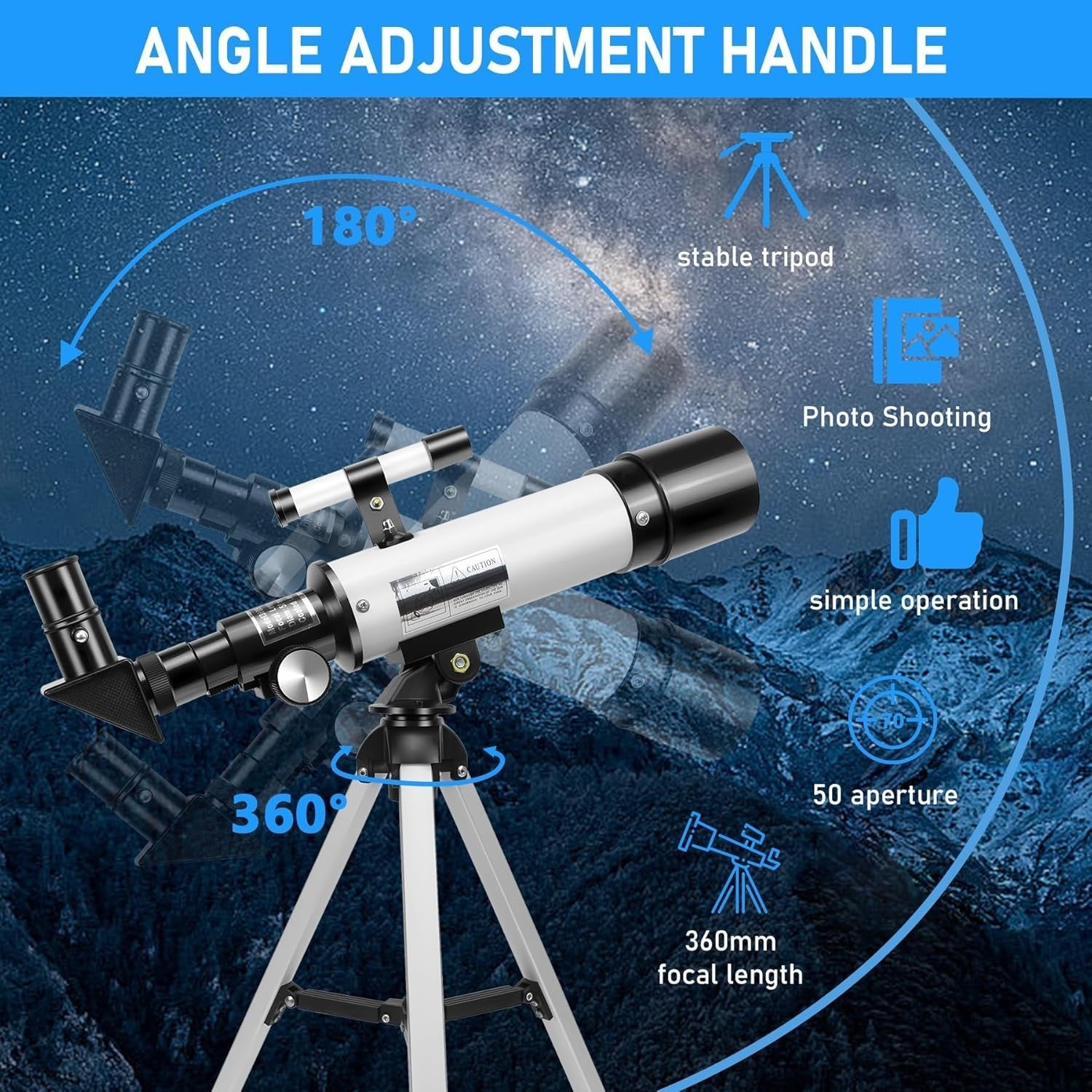 50mm Refractor Telescope Kids Beginners 360mm Travel Scope Tripod Phone Adapter