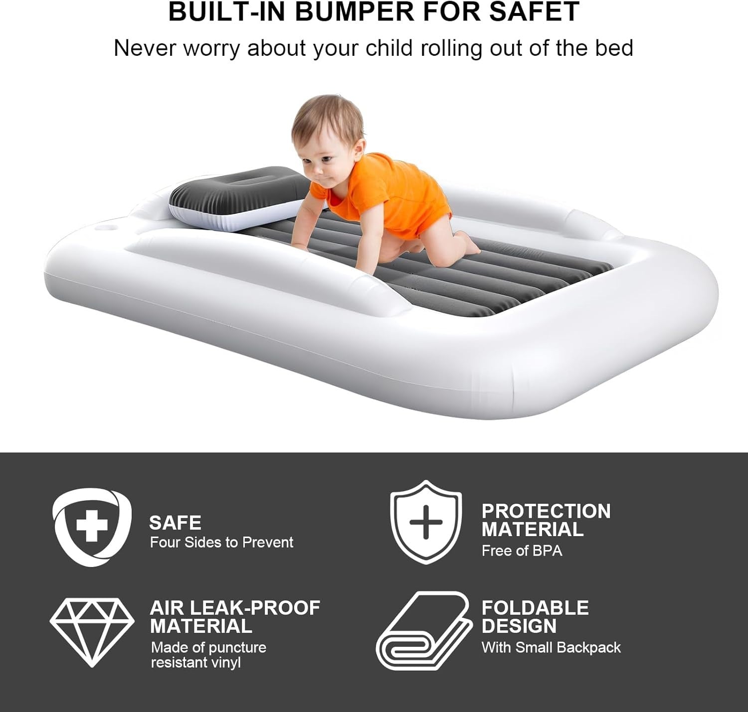 Inflatable Toddler Travel Bed w/ Safety Sides Electric Pump Portable