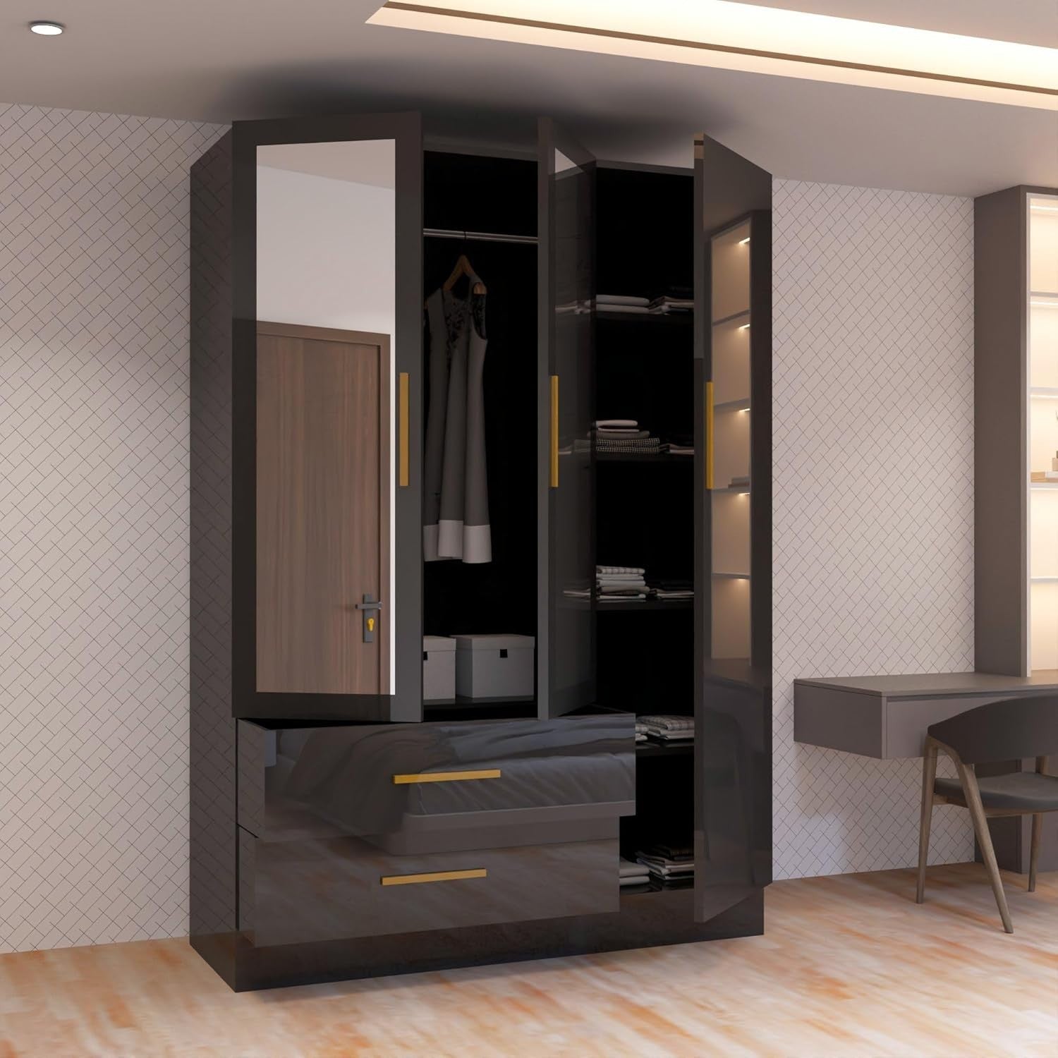 Modern 3 Door Black High Gloss Wardrobe with Mirror, Drawers & Hanging Rails