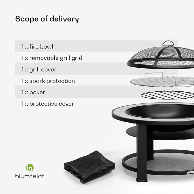 3-in-1 Fire Pit BBQ Table Outdoor Round Terrazzo Top Durable Steel Frame