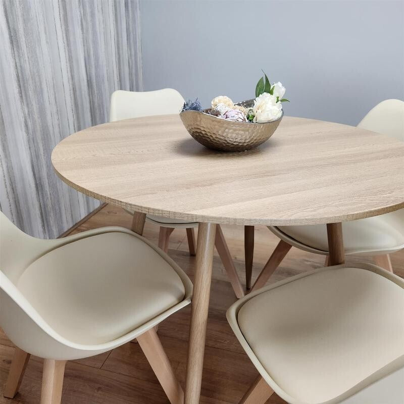 Round Wooden Dining Table Set with 4 White Chairs for Kitchen or Home