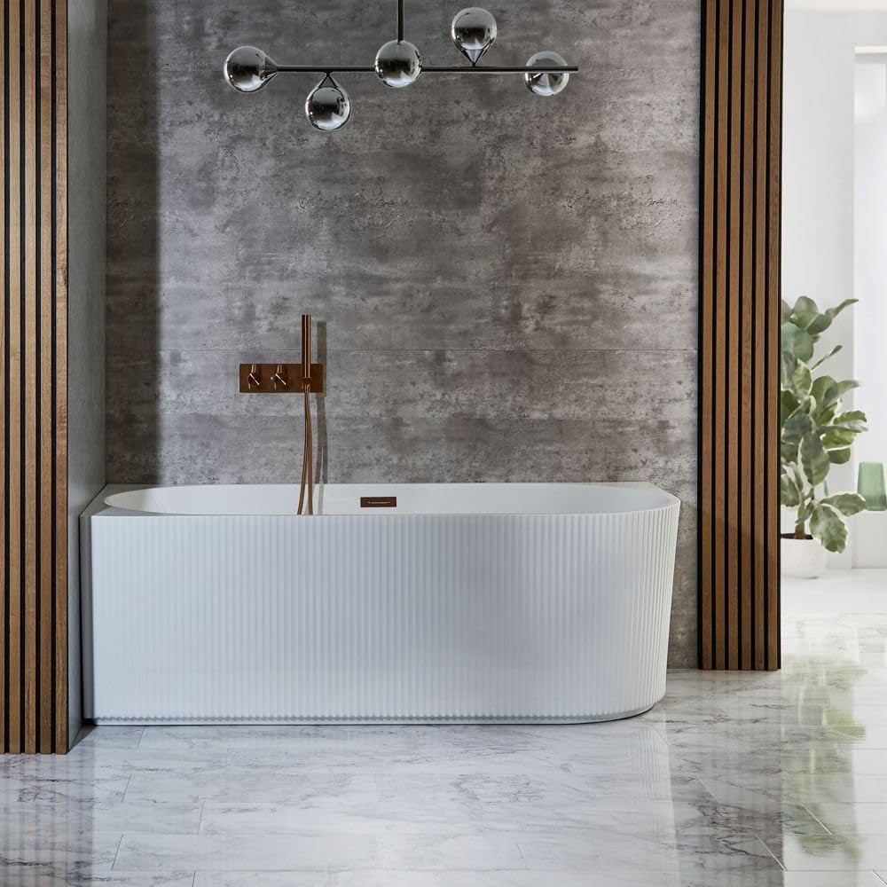 White Left Hand Fluted Corner Bath 1700x800mm Copper Overflow