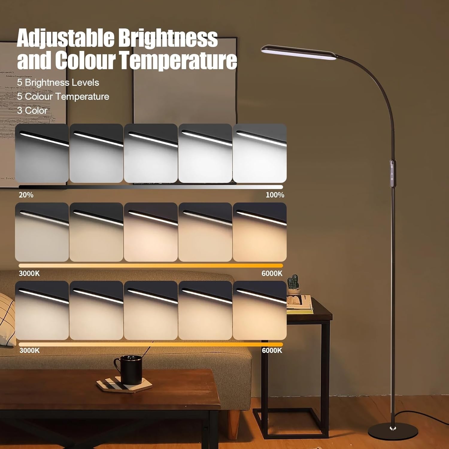 LED Floor Lamp Touch Dimmable Gooseneck Reading Light Adjustable Black