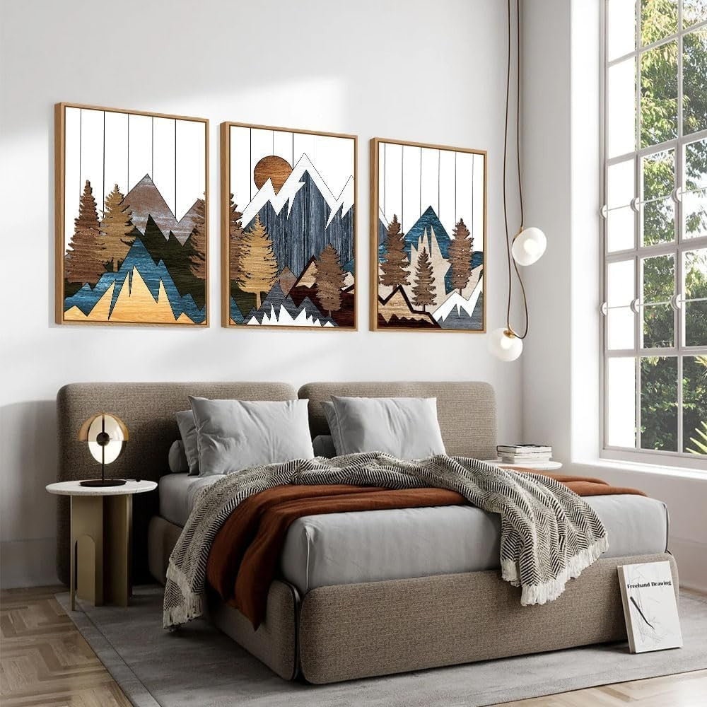 Mountain Woodcut Framed Canvas Wall Art Set 3 Rustic Forest Home Decor