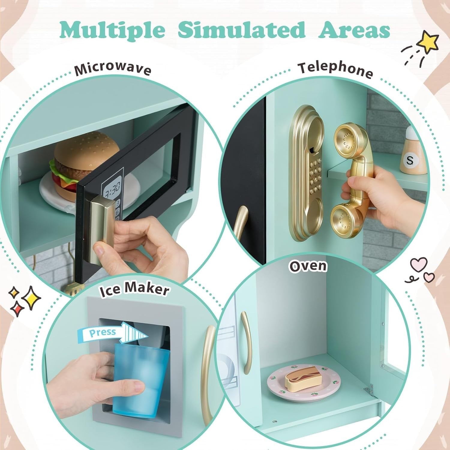 Kids Wooden Play Kitchen Blackboard Ice Maker Microwave Green Toy