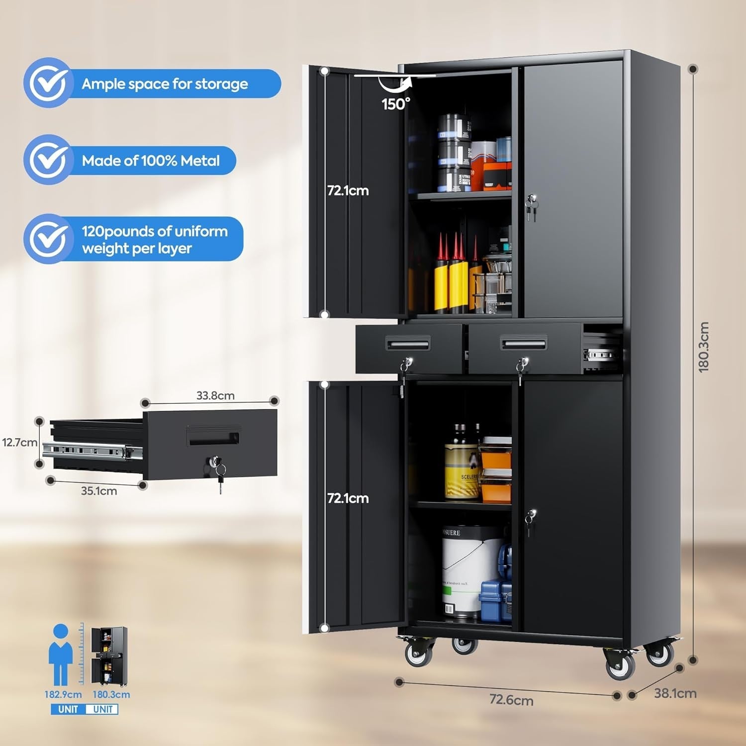 Heavy Duty Metal Garage Storage Cabinet with Locking Doors & Drawers
