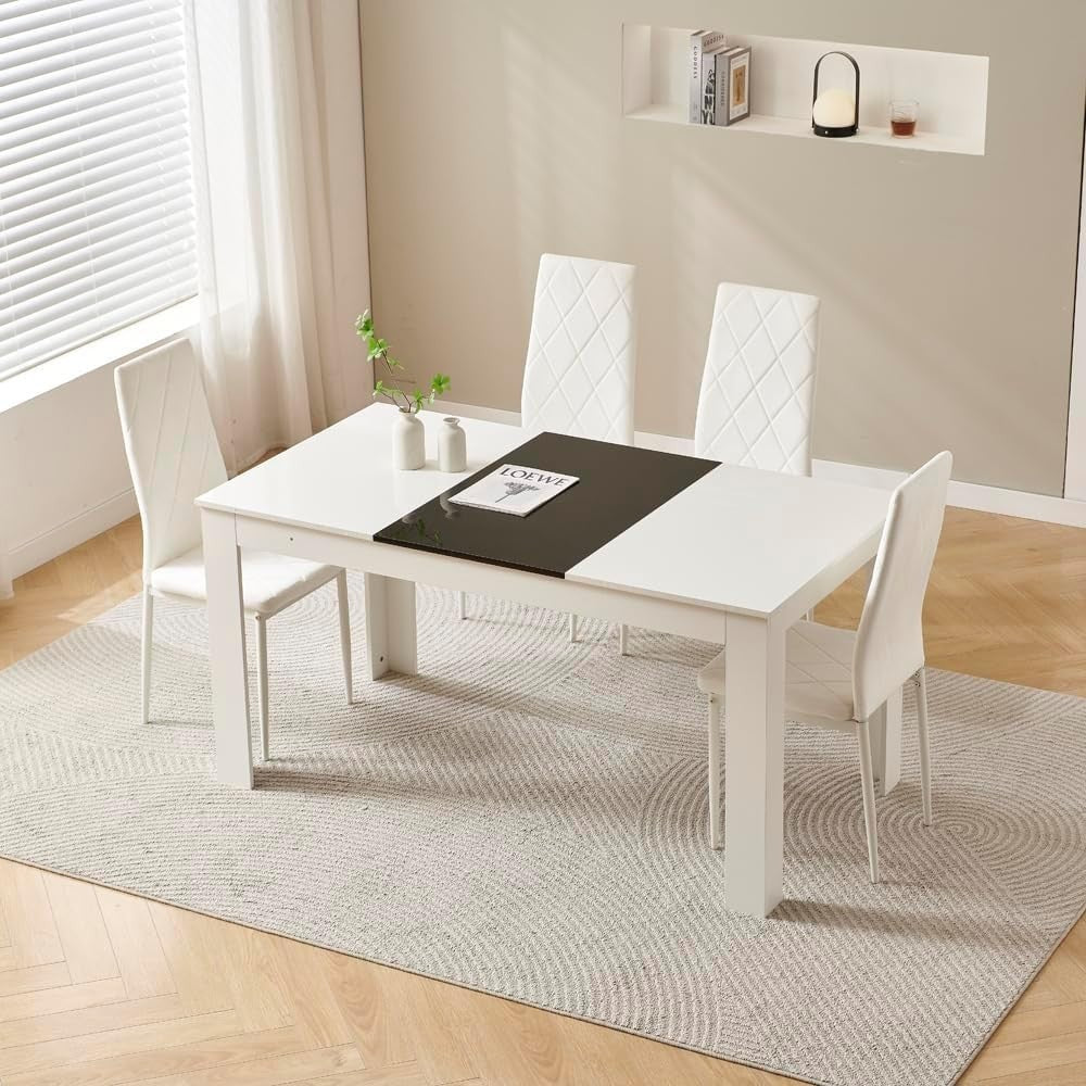 White 4-Seater Dining Table Set with Velvet Chairs | Compact & Modern