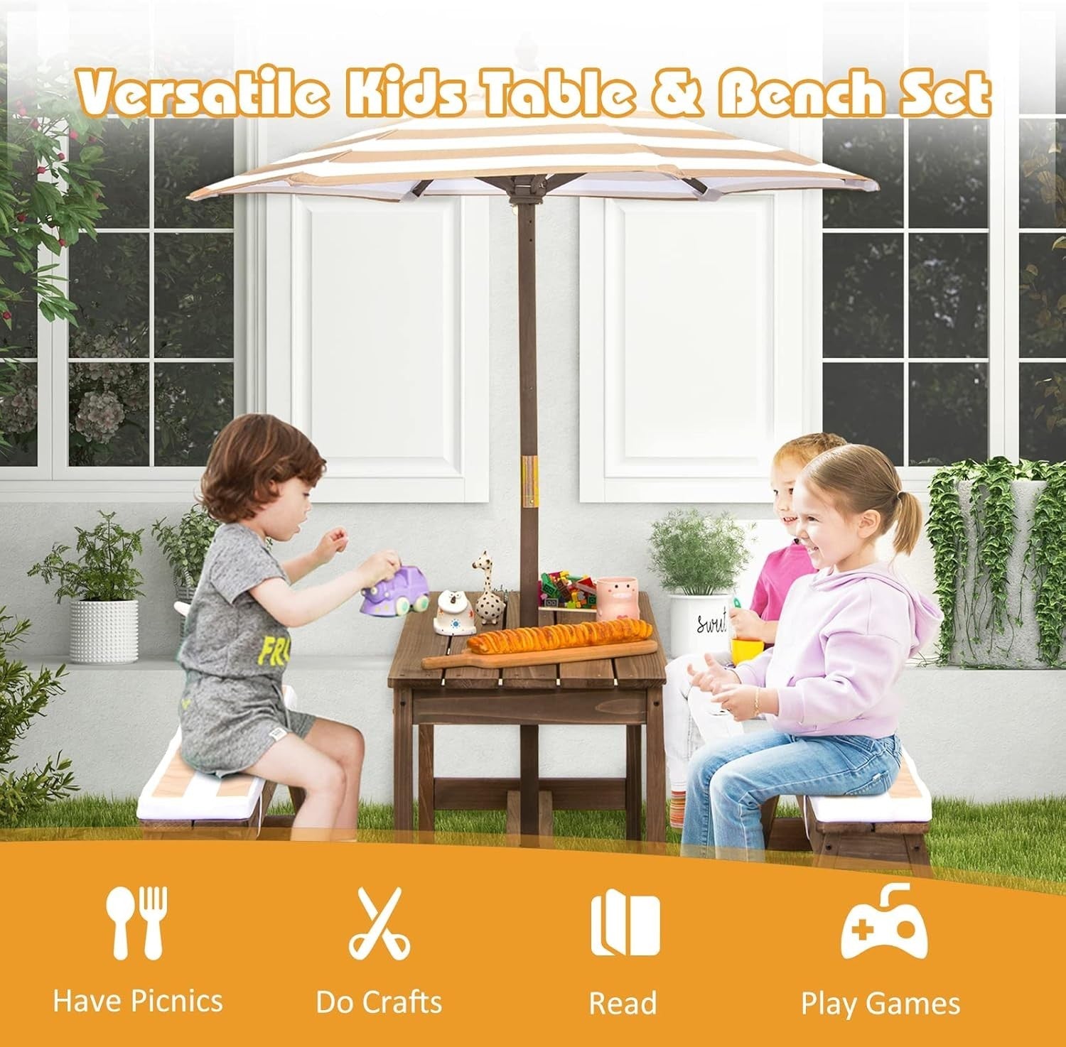Kids Wooden Picnic Table Set with Cushions & Removable Umbrella, Indoor/Outdoor