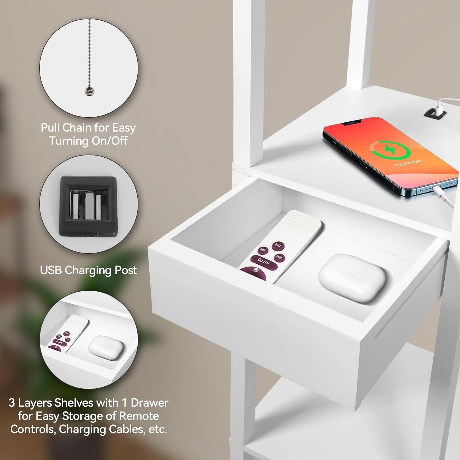 Floor Lamp with Shelves Storage LED Light USB Charging Drawer Modern White