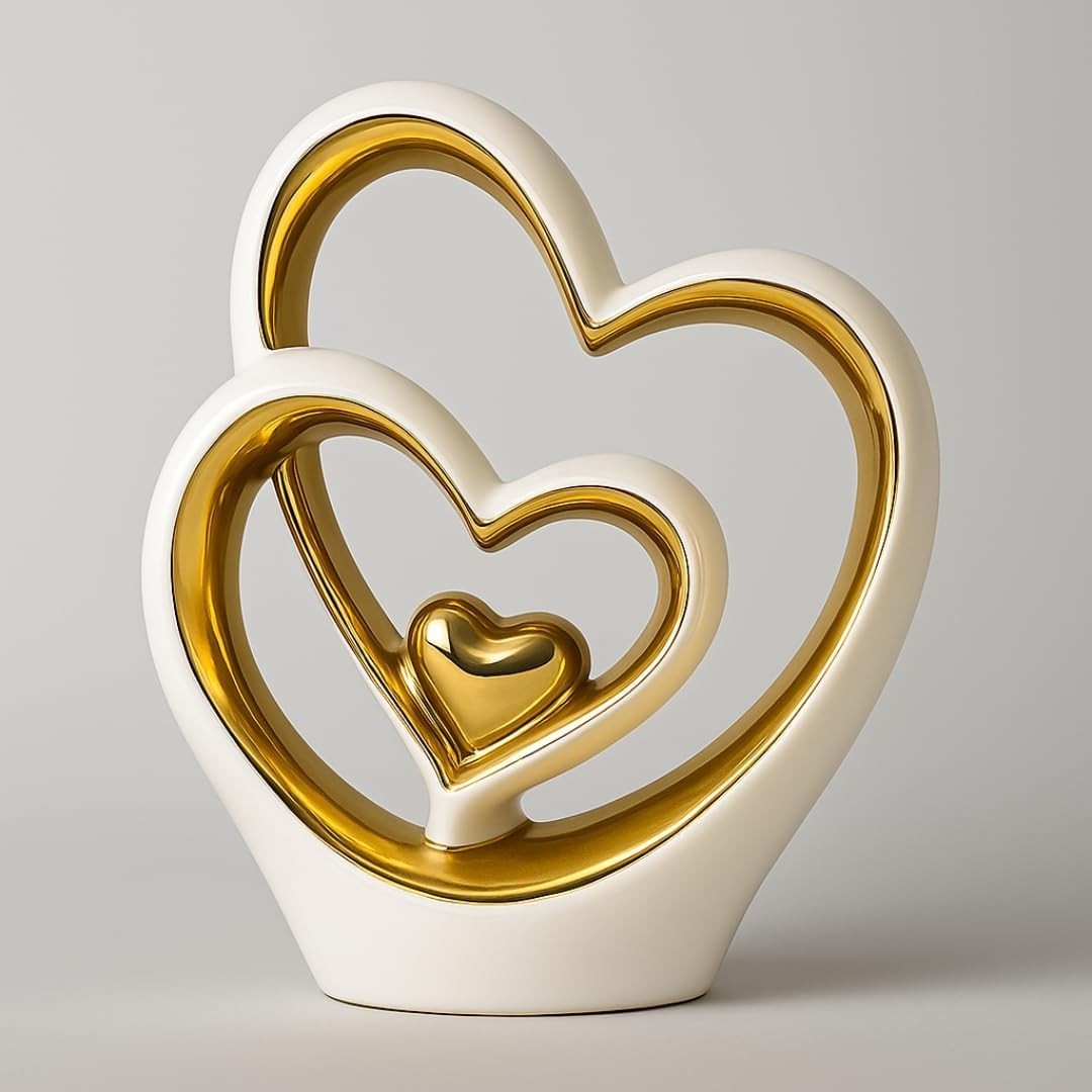 Gold Heart Ornament Modern Ceramic Sculpture Wedding Gift Home Decor 25.5cm