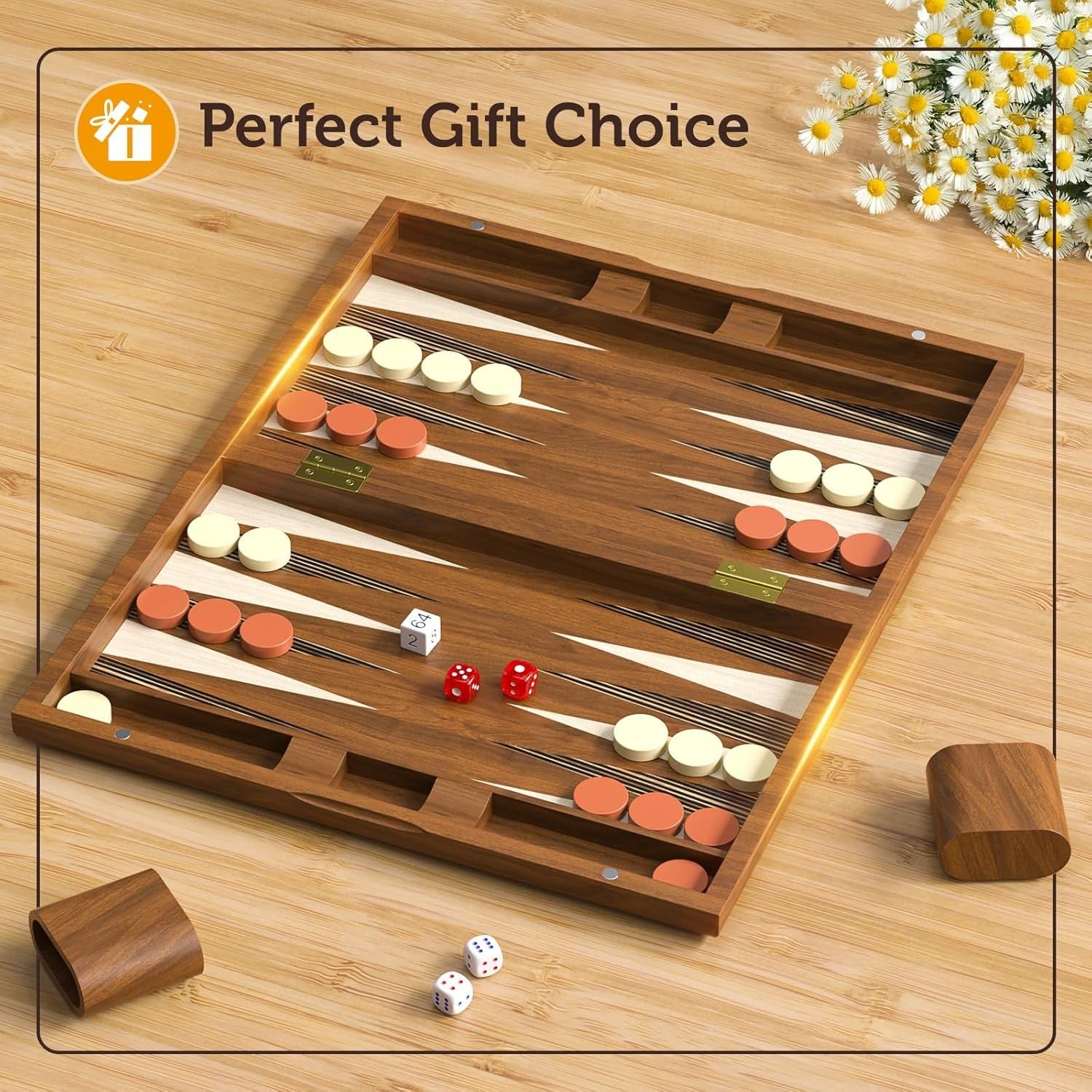 15 Inch Wooden Backgammon Set Folding Travel Board Game Dice Cups