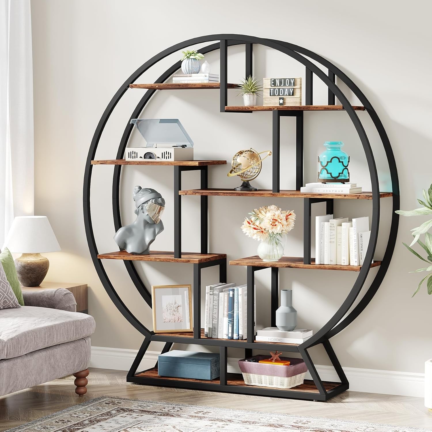 160cm Round Industrial Bookcase 5 Tier Metal Wood Display Shelf Organizer