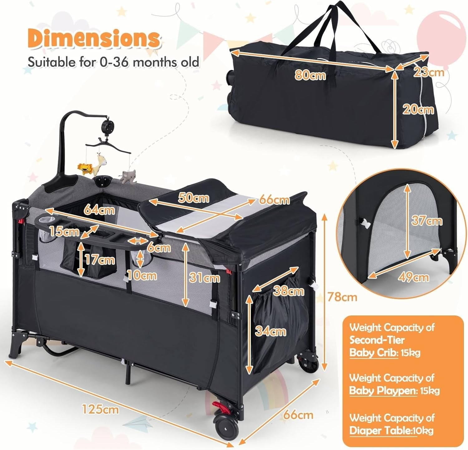 5in1 Baby Travel Cot Foldable Crib with Mattress Basket Changer & Storage Black
