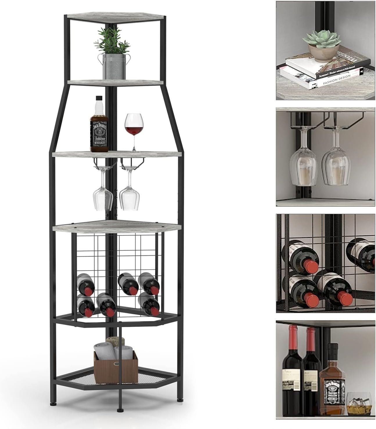 Corner Wine Rack Bar Cabinet with Glass Holder & 5-Tier Display Shelves for Home
