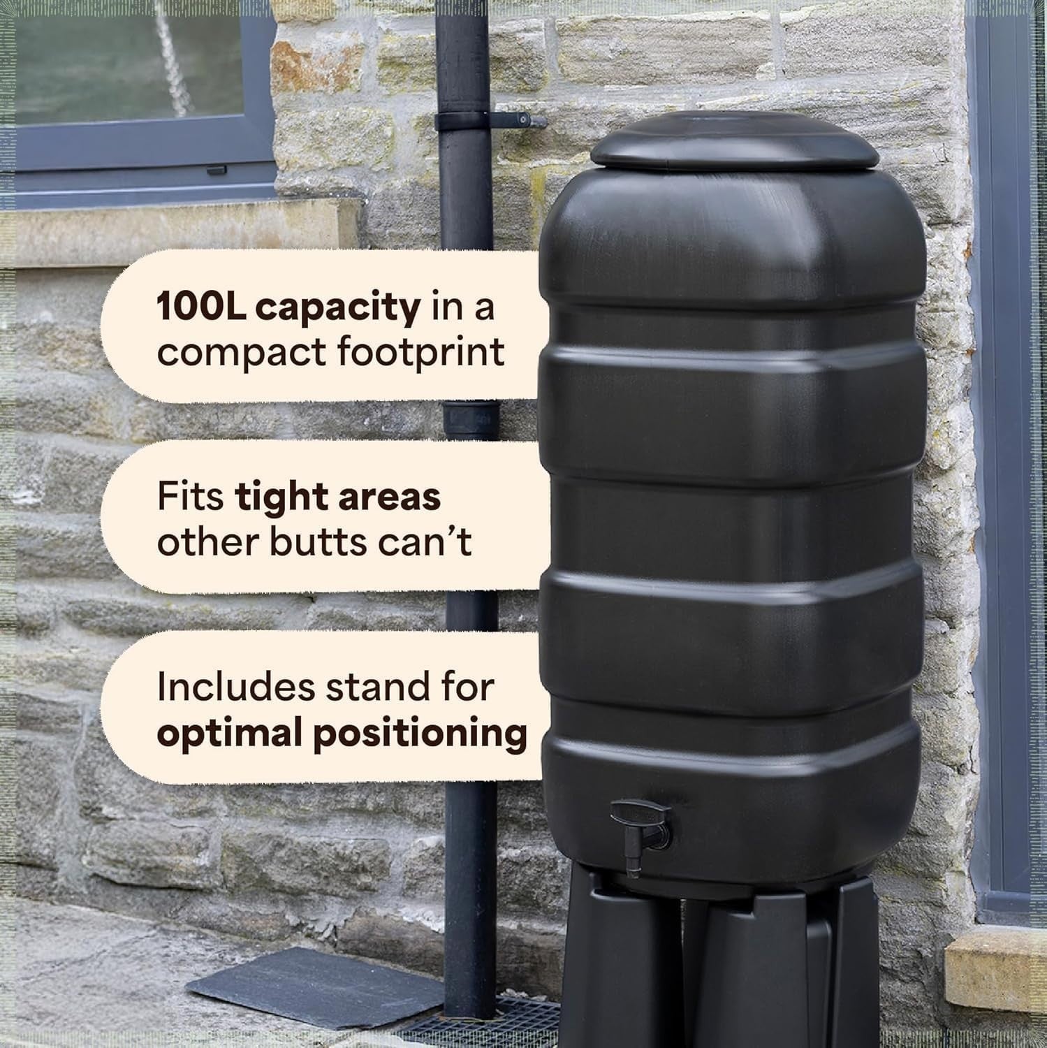100L Slim Garden Water Butt Kit with Tap, Stand & Rain Diverter