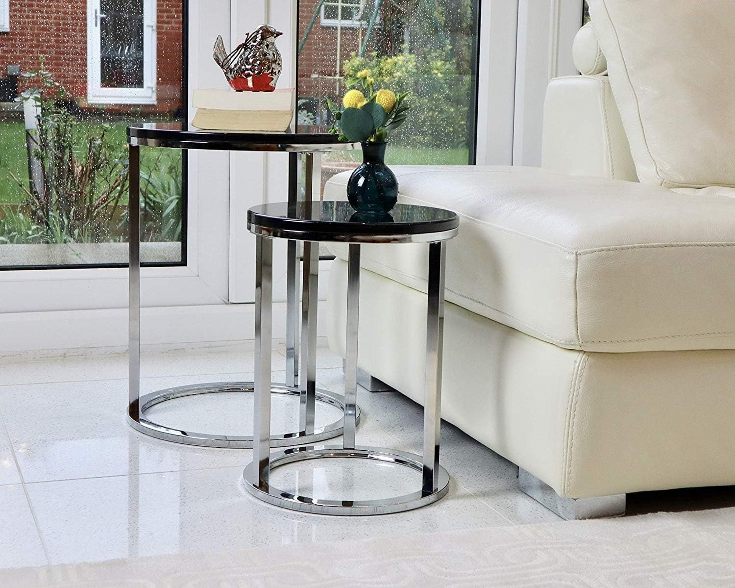 Round Nesting Tables Set of 2 Black/Chrome Metal Side End Coffee Table