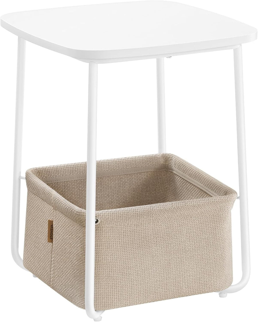Modern White Bedside Table with Fabric Storage Basket, Small Side Table