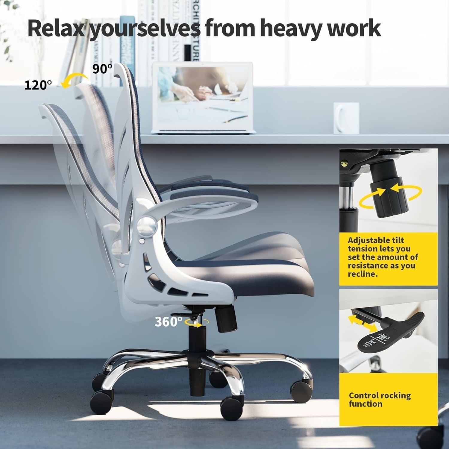 Ergonomic Folding Office Chair Mesh Back Lumbar Support Wide Seat White