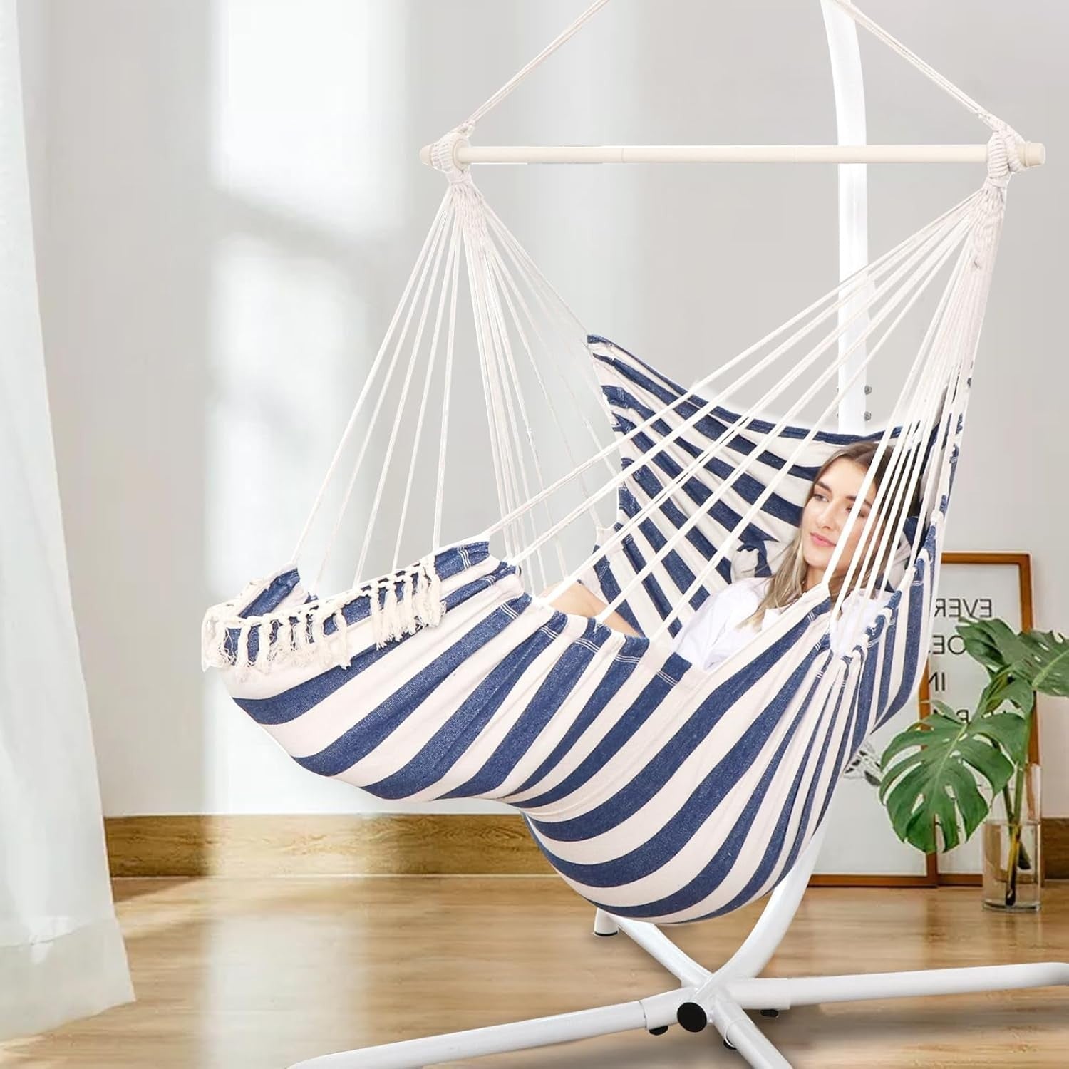 Striped Hammock Chair with Footrest & 2 Cushions | 550lbs Indoor Outdoor Swing