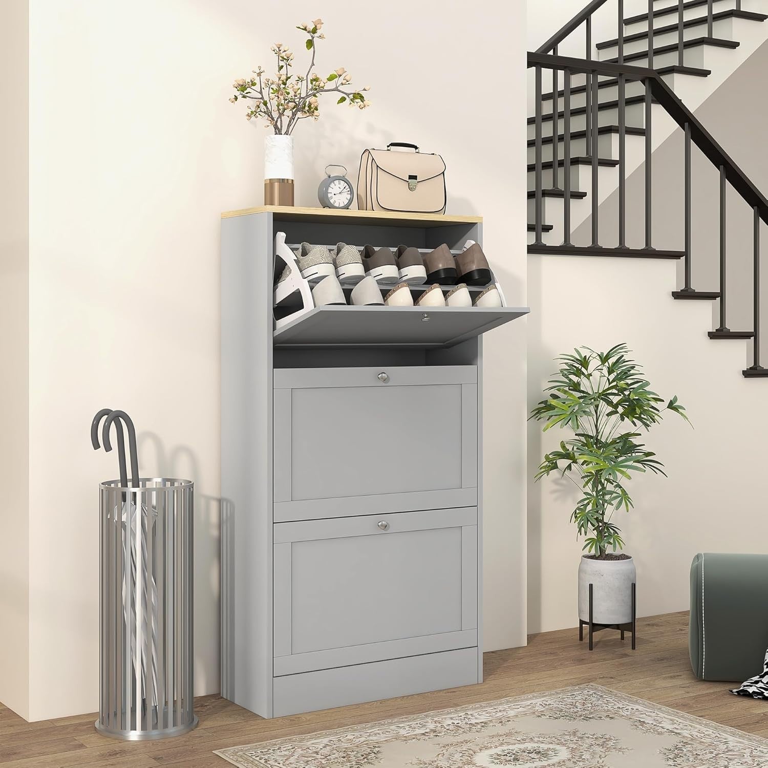 Slim Grey Shoe Cabinet 3 Flip Drawers Adjustable Shelves Space Saver