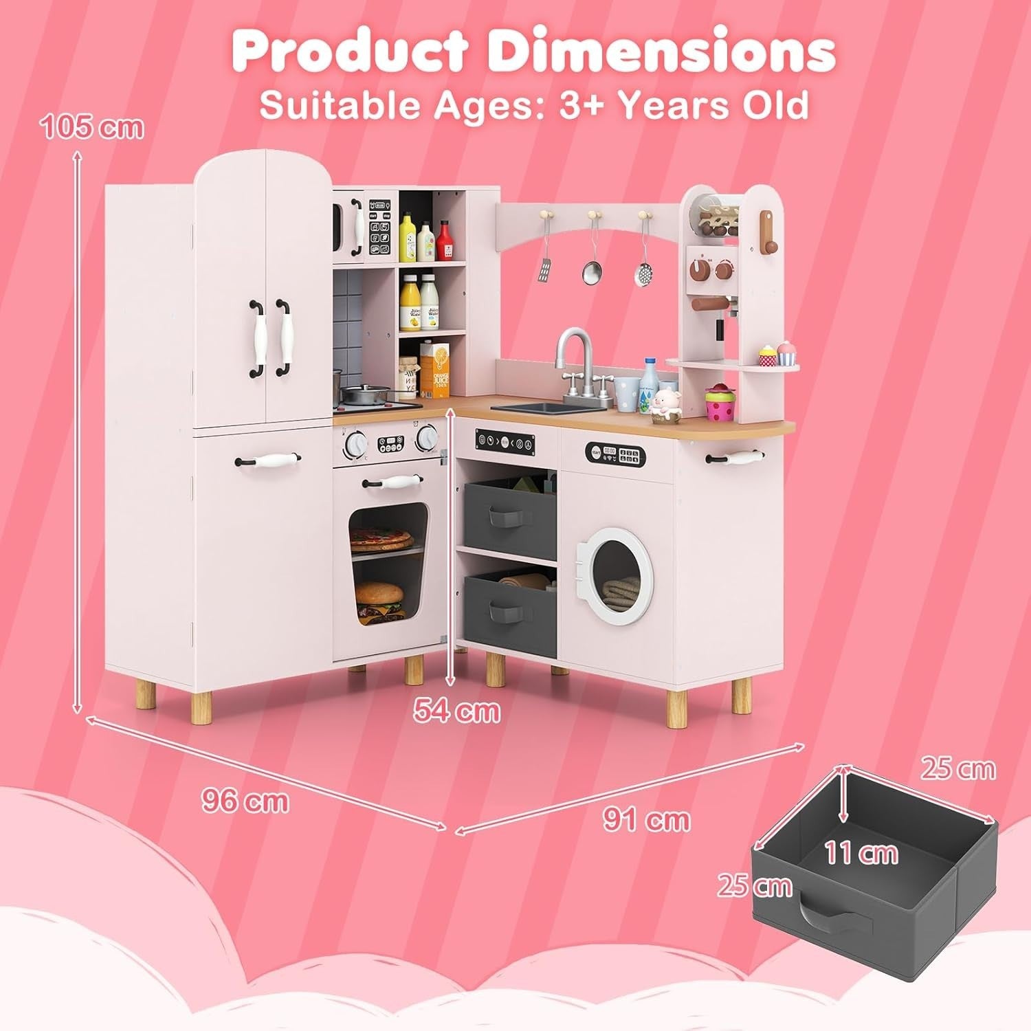 Corner Kids Play Kitchen Pink w/ Fridge Washer Coffee Maker Set