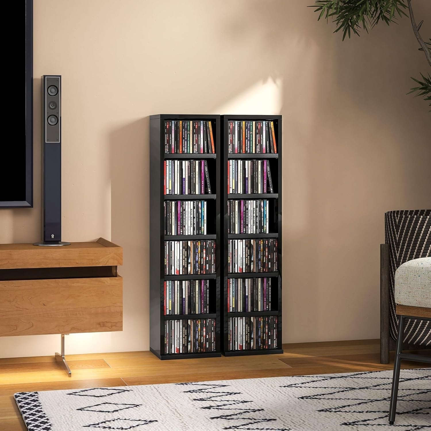 Set of 2 High Gloss Black Media Storage Towers – Adjustable CD DVD Blu-Ray Racks