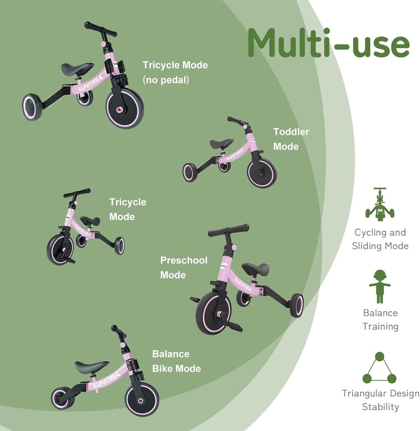5 In 1 Toddler Tricycle Balance Bike Kids Ride On Removable Pedals Purple