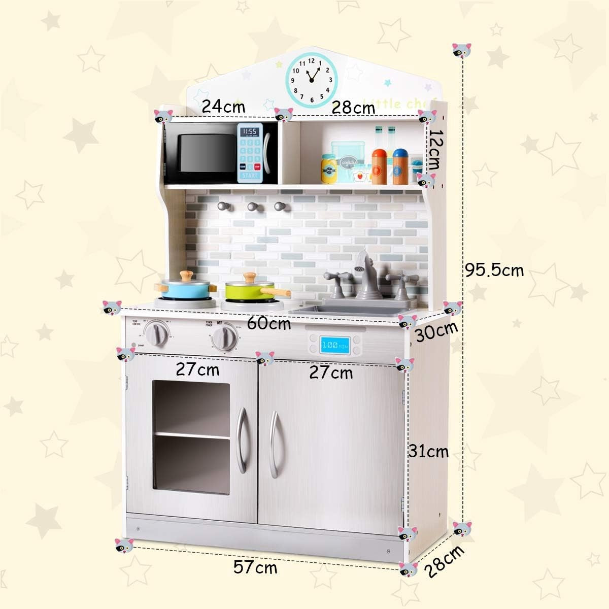 Kids Wooden Play Kitchen Silver w/ Microwave Stove Sink Toy Set