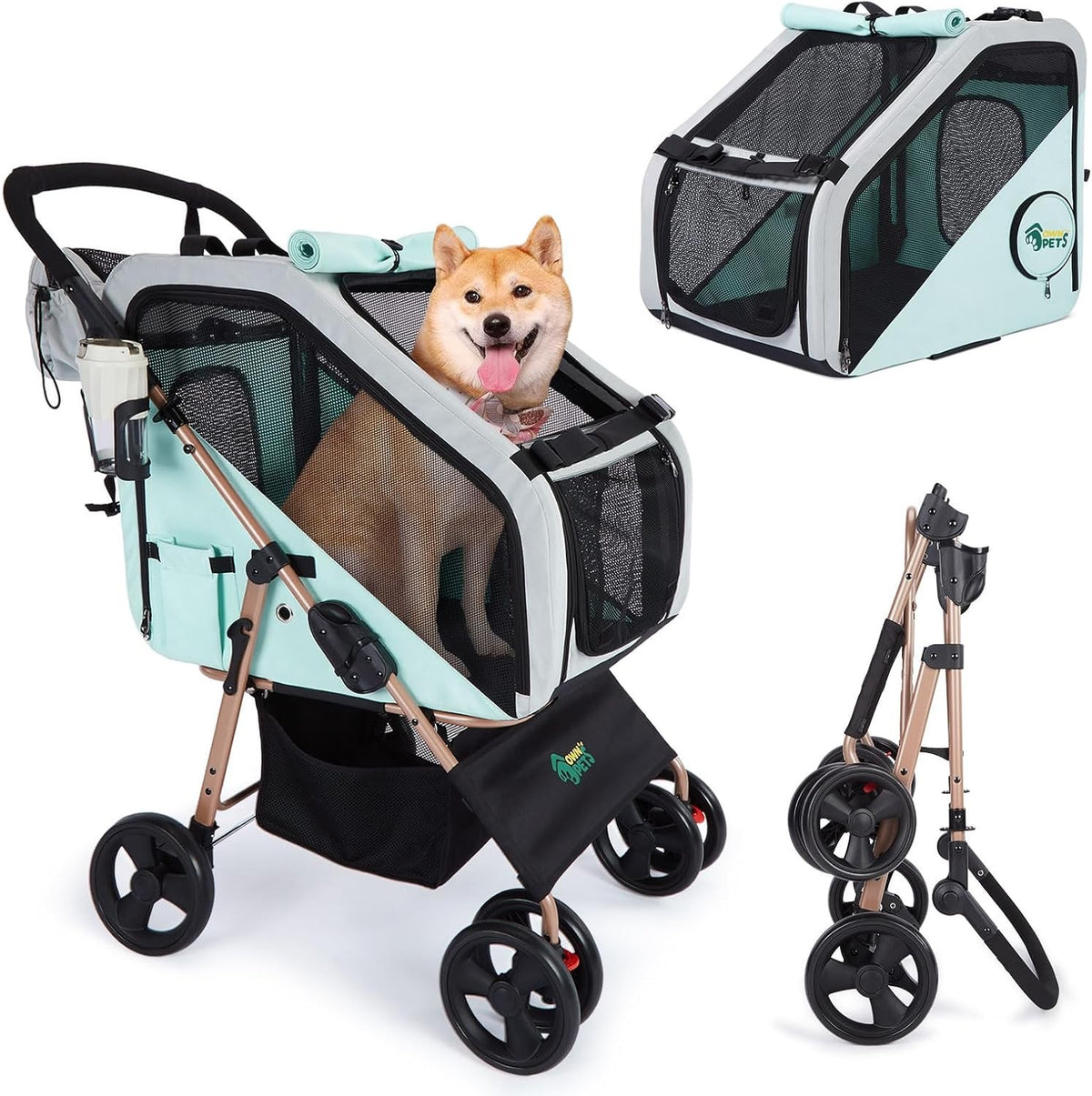 3 in 1 Pet Stroller Dog Pushchair Detachable Carrier 30kg 4 Wheel Fold