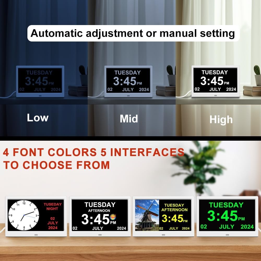 Large Digital Calendar Alarm Clock Day Date Time Display Auto Dim Elderly