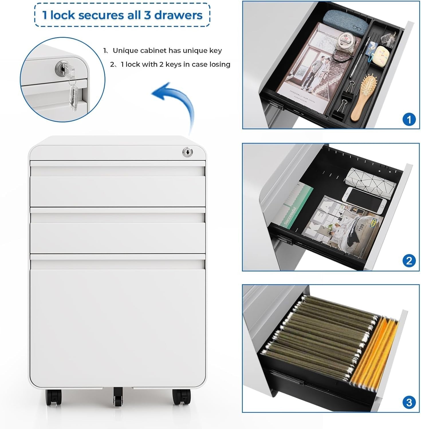 White Lockable Metal Filing Cabinet 3 Drawer A4 on Wheels