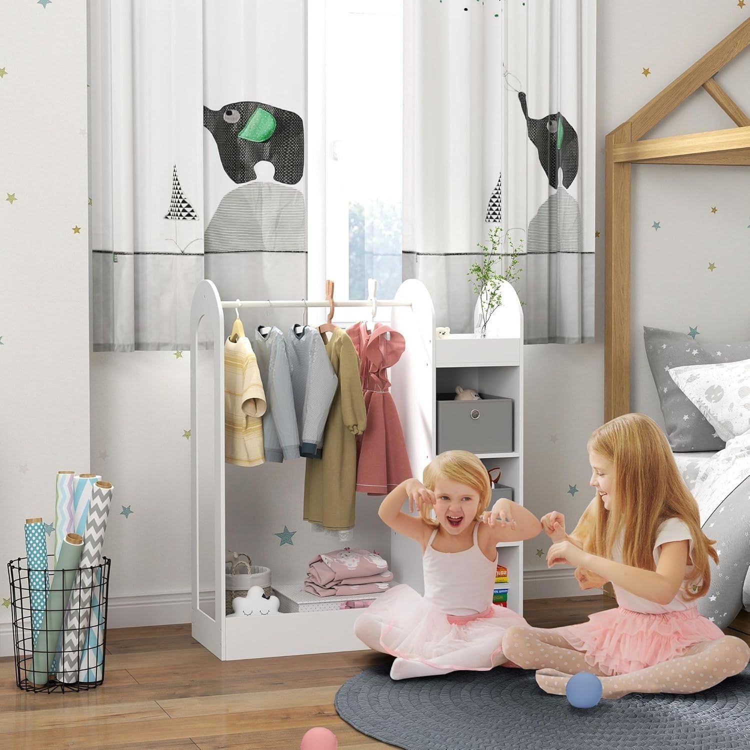 Kids Clothes Rail with Storage Boxes & Mirror, White Wooden Wardrobe for Kids