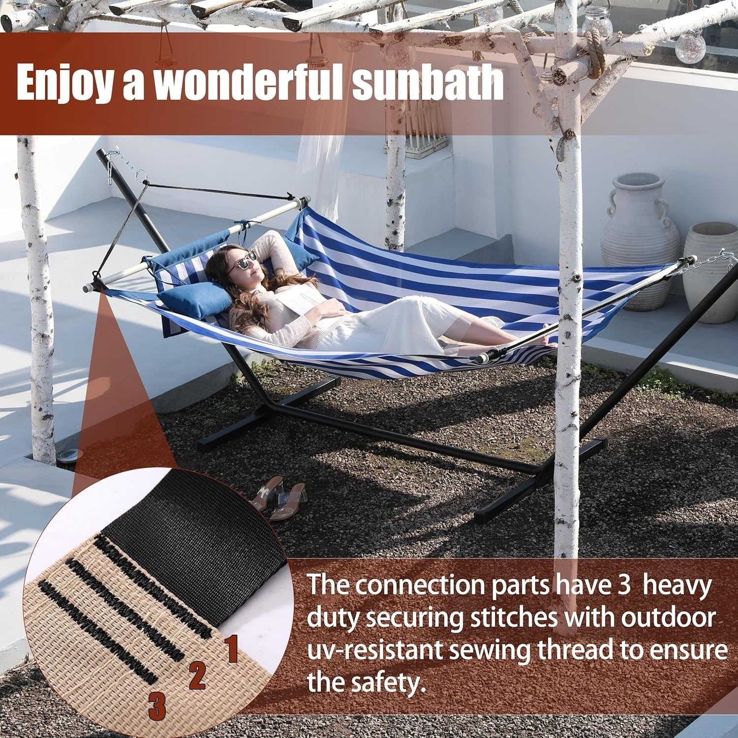 Anti-Flip 12FT Double Hammock 450LB Load with Iron Bars & Nylon Rope