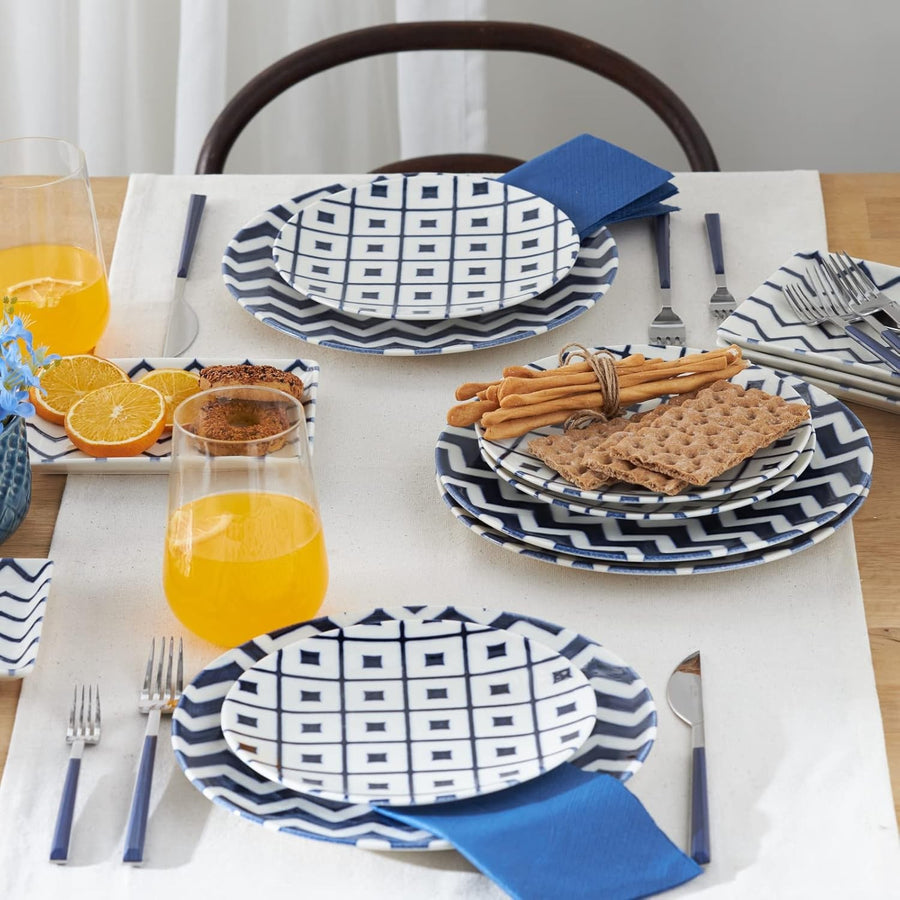 18 Piece Porcelain Breakfast Dinner Set Blue White Plates Cups Dishwasher Safe