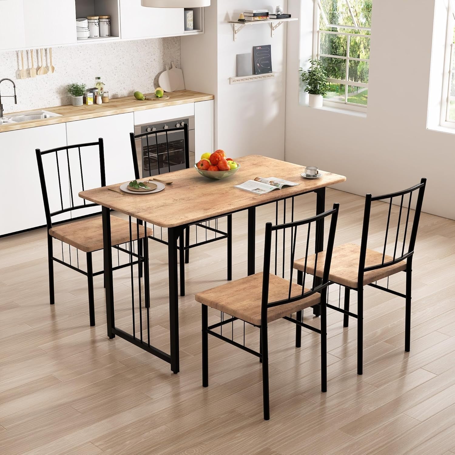 Rustic Wooden Dining Table Set 4 Metal Frame Chairs Kitchen & Dining Room