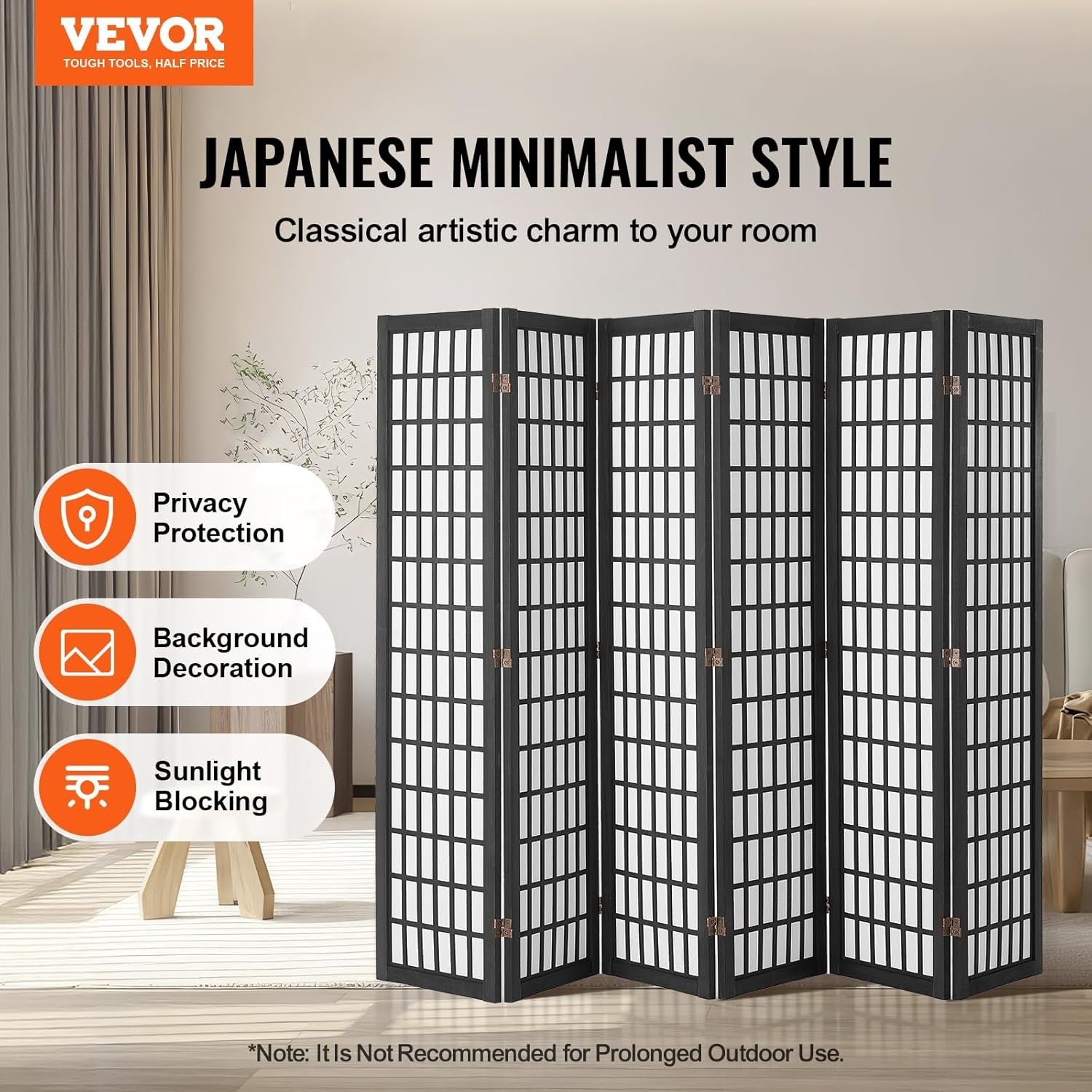 6 Panel Japanese Folding Room Divider Black Wood Privacy Screen 242x170cm