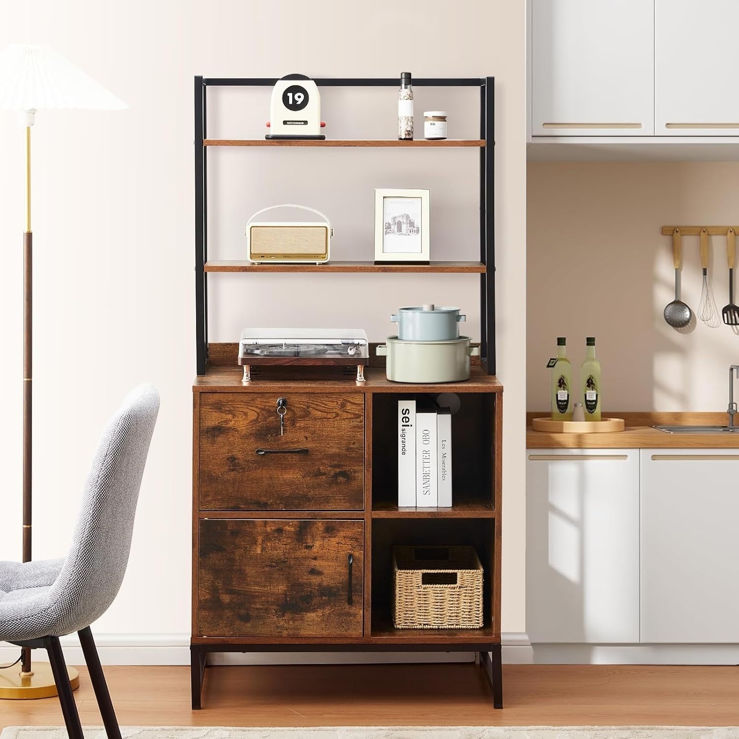 Lockable Filing Cabinet with Charging Station Printer Stand Office Brown