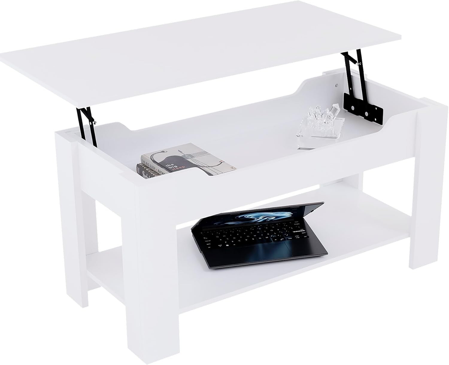 Lift-Up Coffee Table with Hidden Storage & Shelf White 100x48x48cm