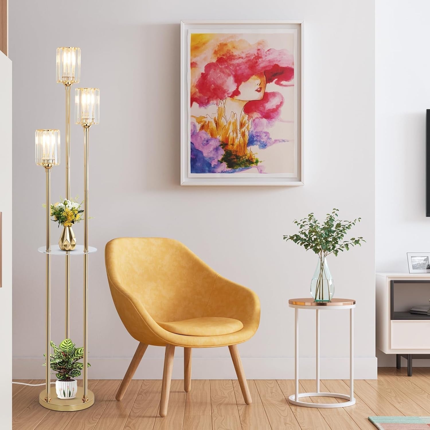 Modern 3-Light Floor Lamp with Glass Shades & Shelves – Living Room, Office