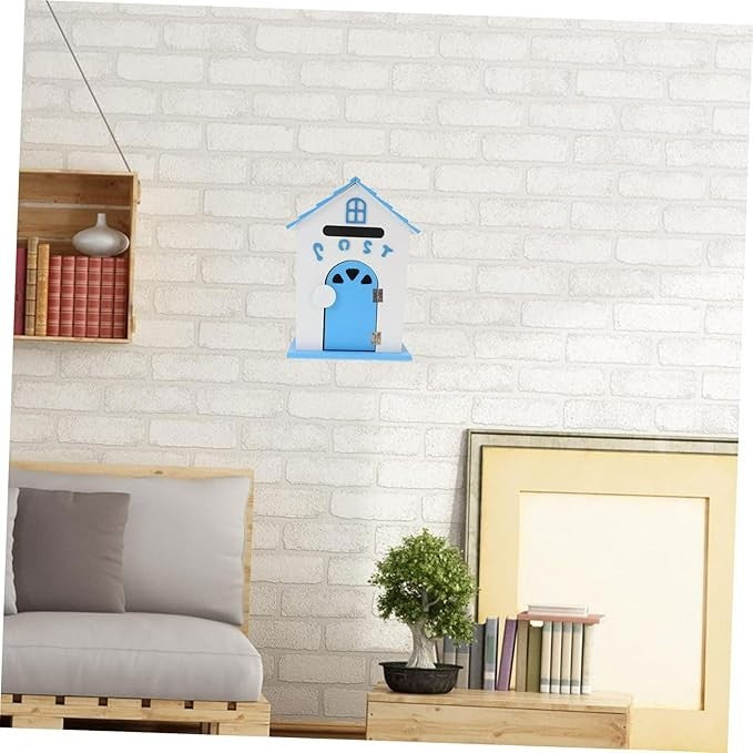 Wall Mounted Wooden Mailbox Suggestion Box Blue Decorative Post Box 32cm