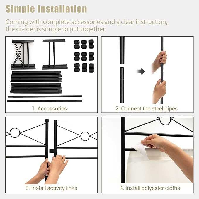 White 4 Panel Folding Room Divider – Privacy Screen with Detachable Fabric Panel