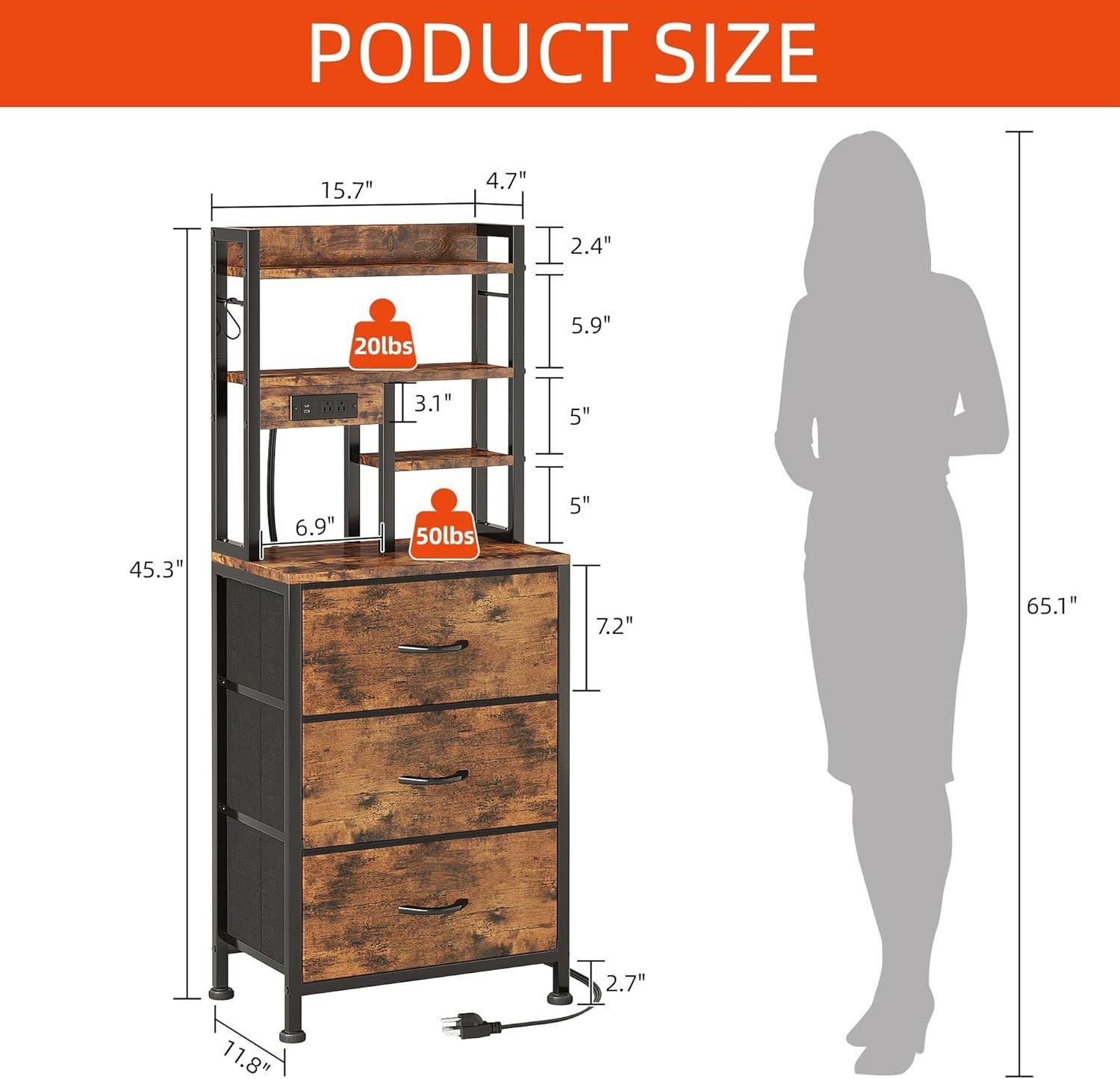 Tall Bedside Table with LED Lights Charging Ports Drawers Shelves Rustic Brown