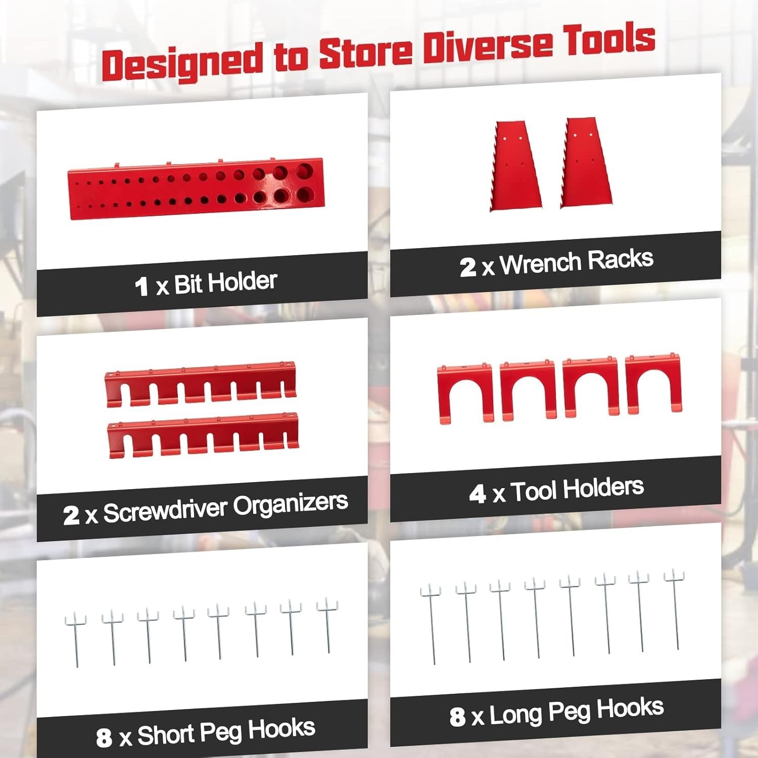 Heavy Duty Workbench 121x61x156cm Black+Red Pegboard 2 Drawers Shelves