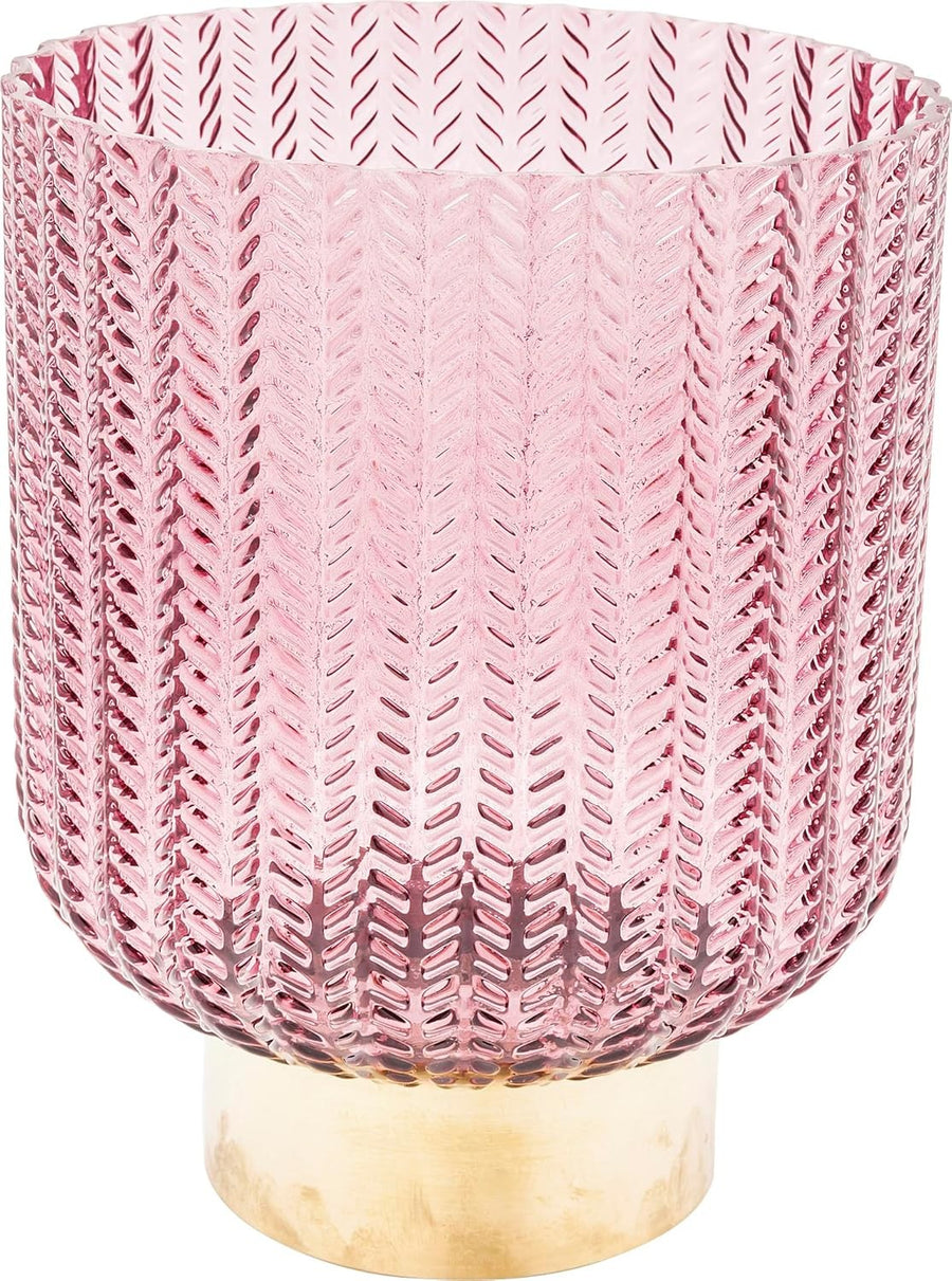 Pink Glass Flower Vase Textured Round Gold Base Modern Table Decor 24cm
