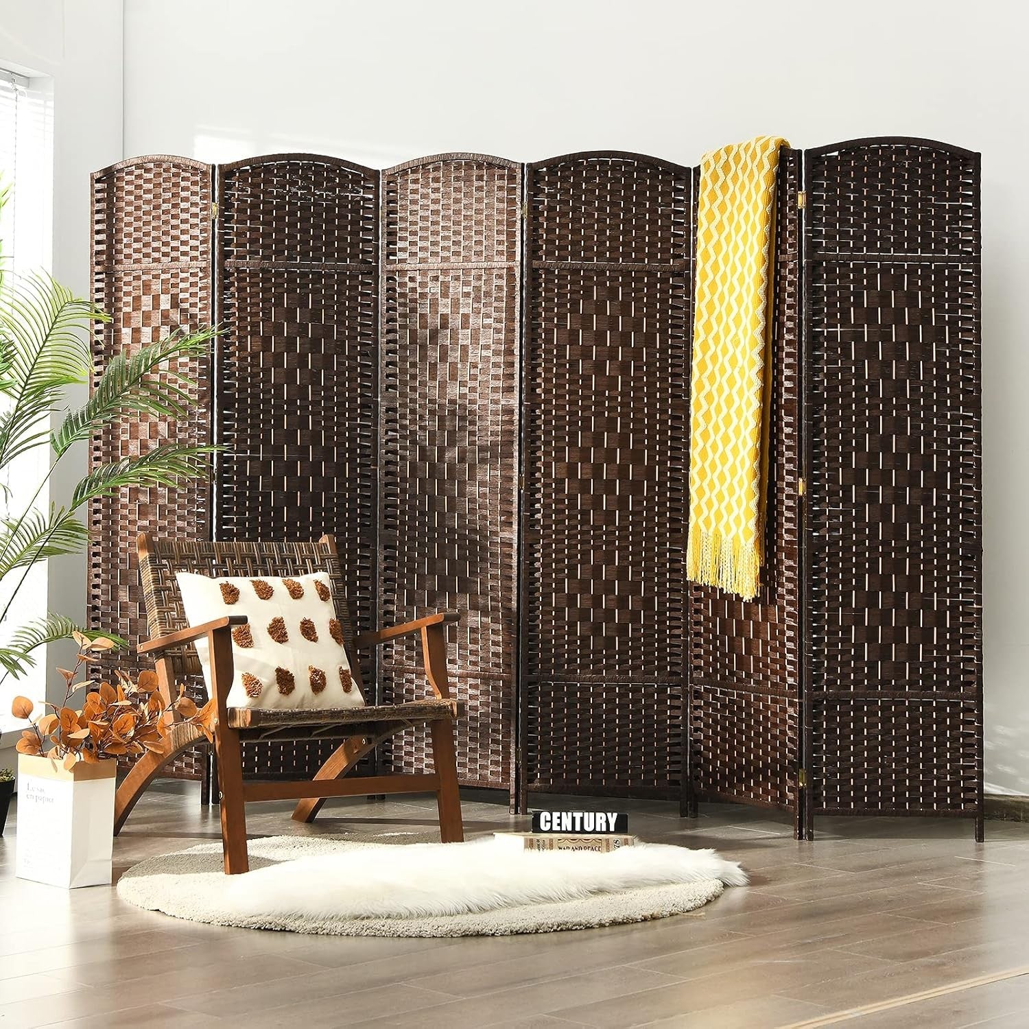 6 Panel Brown Wicker Folding Room Divider Privacy Screen for Home Office Décor