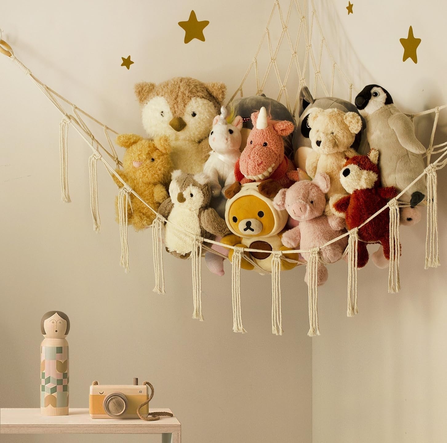 XL Stuffed Animal Hammock Beige Wall Net Toy Storage Kids Room Decor