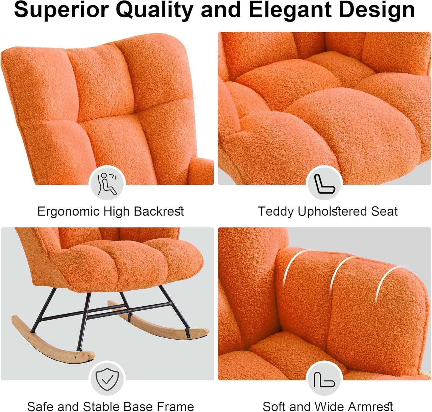 Rocking Chair Nursery Glider Comfy Armchair High Back Padded Seat Orange Teddy