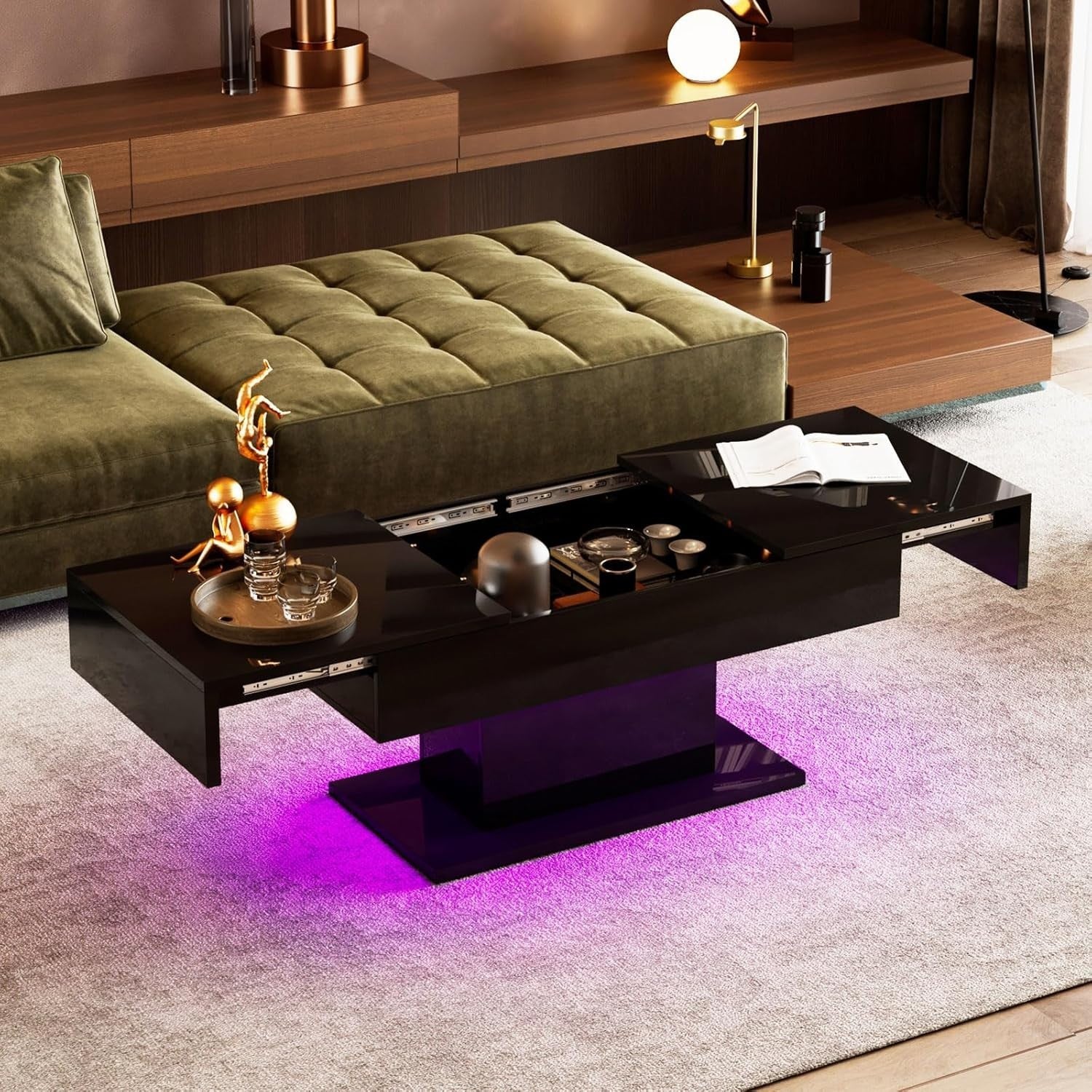 Modern Black High-Gloss Coffee Table with LED Lights & Hidden Storage Drawers