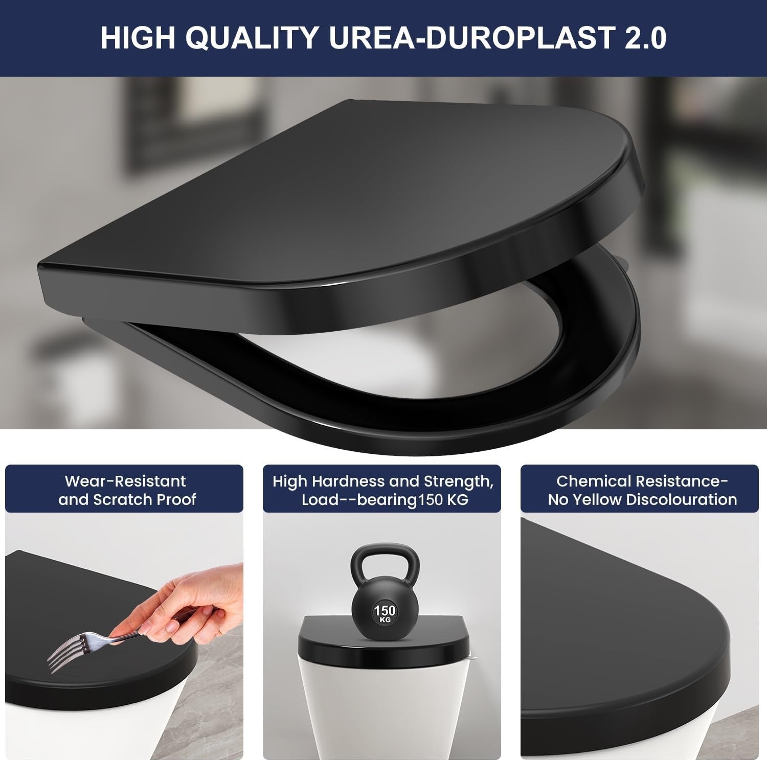 D-Shape Toilet Seat Soft Close PRO U2009B Black Duroplast 42.5x36.3cm